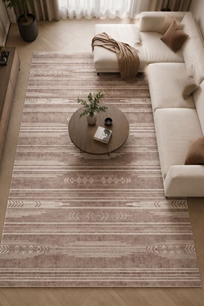 Serente Home Retro Desenli Yıkanabilir Kaymaz Taban Kahverengi Şönil Salon Ha...