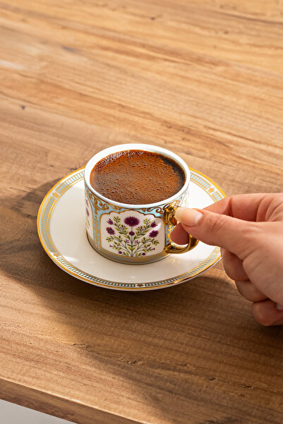 Porsima RYS-259 Tegan 12 Parça Yaldızlı Porselen Türk Kahve Fincan Takımı - Karışık Renkli Kahve Fincan Seti - 100ml