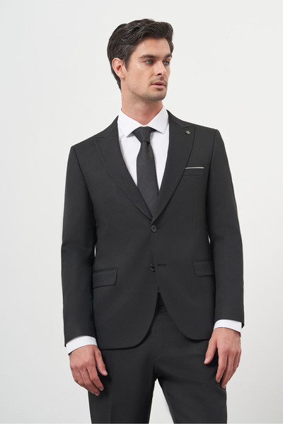 Morven Erkek Siyah Basic Jakar Desen Slim Fit Sivri Yaka Takım Elbise