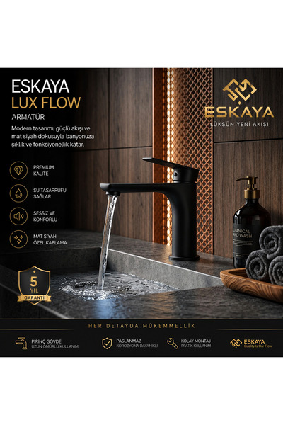 ESHOME AeroLux Premium Sıcak Soğuk Sabit Gövdeli Banyo Lavabo Bataryası Black...