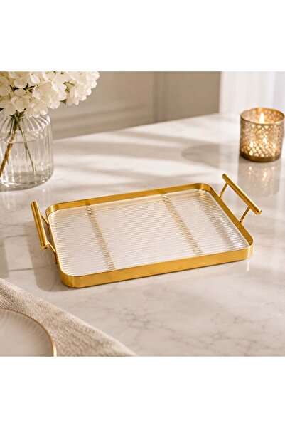 Generic Gold iron serving tray with acrylic base, rectangular, 30 x 22 cm