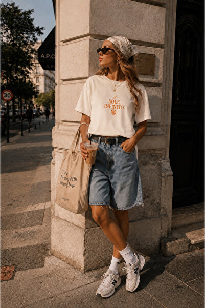 Le'Sluette Γυναικείο μπλουζάκι oversized 100% βαμβάκι Il Sole Infinito Κεντημ...