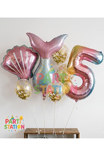 Parti Station Deniz Kızı 5 Yaş Kuyruk Folyo Balon Set Deniz Kızı Konsept Doğu...