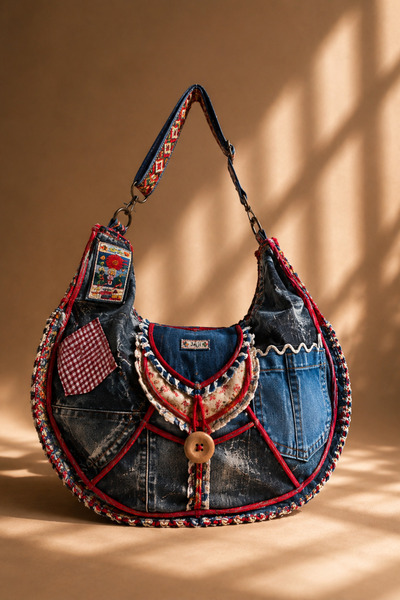 jüji BOHEM STİL EL İŞÇLİĞİ KOT / DENIM OMUZ ÇANTASI