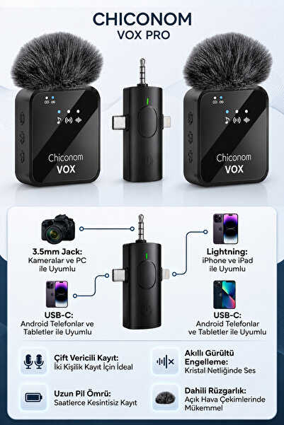 chiconom Onell Vox Pro 2’li Kablosuz Yaka Mikrofonu Type-C iPhone Android Uyumlu