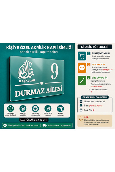 LuxuryConcept Kişiye Özel Maşallah Ahşap Kapı İsimliği 25x16 cm – Parlak Akri...