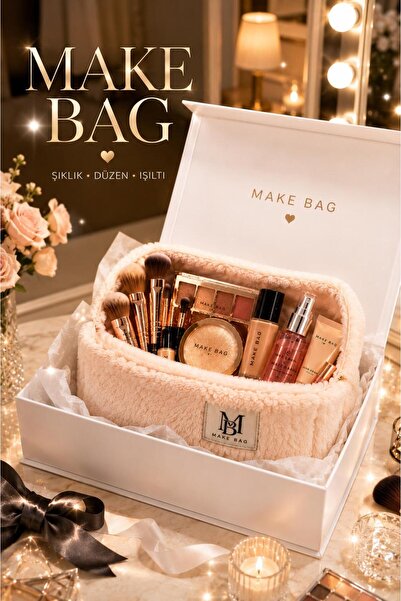 MAKE BAG Bej Peluş Makyaj çantası