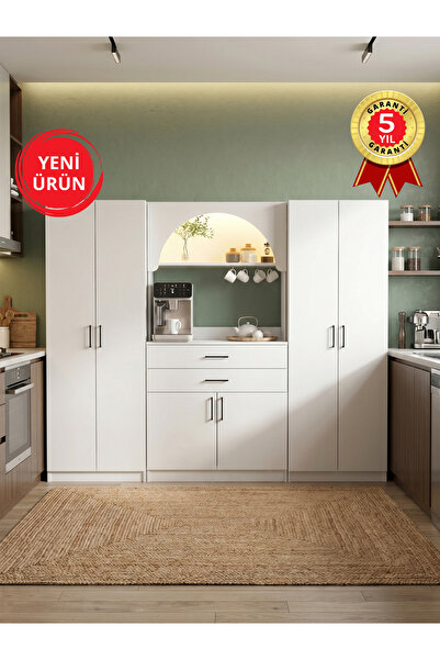 dorpek 6 Kapaklı 2 Çekmeceli Led Işıklı Kahve Köşesi, 13 Raflı Çok Amaçlı Dol...
