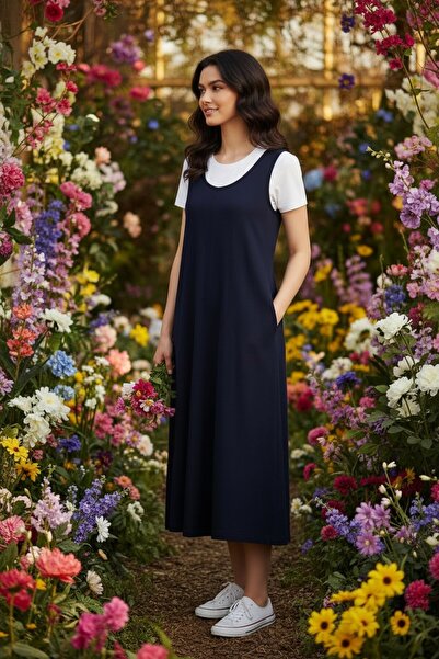 pulur.co Navy Blue Sleeveless Round Neck Cotton Two Thread Knitted Jumpsuit w...