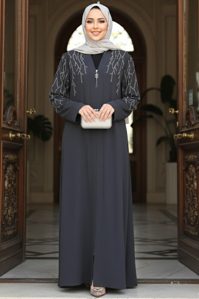 Neva Style Boncuk İşlemeli Füme Tesettür Abaya 29110FU