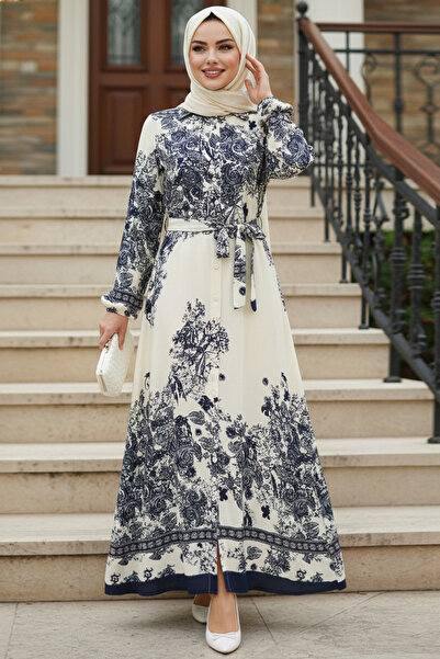 N.S NEVA STYLE فستان حجاب مزين باللون الأزرق الداكن 24086L