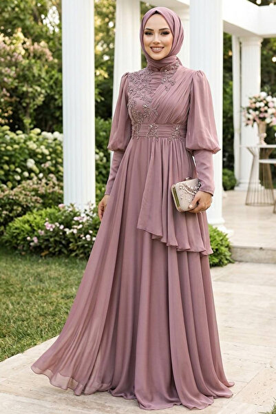 Neva Style İnci Detaylı Kiremit Tesettür Abiye Elbise 21930KRMT
