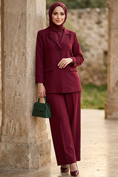 N.S NEVA STYLE Burgundy Hijab Double Set with Jacket 6277Br