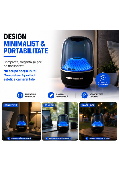 Omaly Boxă Portabilă cu Lumina LED, 4 Difuzoare, Autonomie 7 Ore, Putere 120W, 7 Moduri de Iluminat, Sunet clar, Bass Puternic, Control prin Butoane, Design modern, Încărcare USB, Bluetooth 5.0