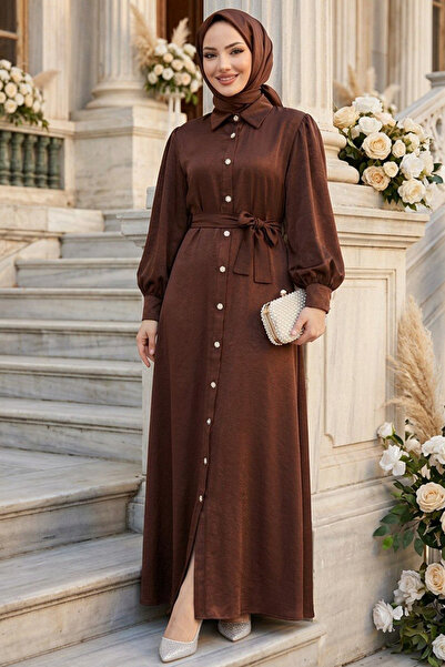 N.S NEVA STYLE Buttoned Brown Hijab Dress 10642Kh