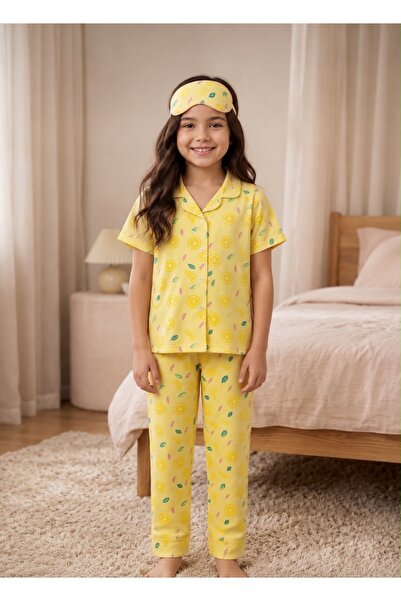 Novella18 Kız Çocuk Limon Desenli Düğmeli Göz Bantlı Pijama Takımı