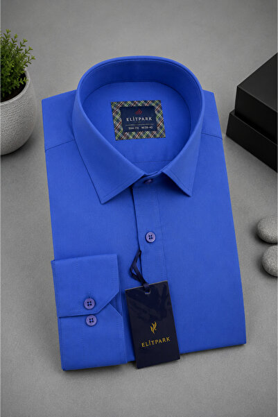 elitpark Dark Blue Solid Color Cotton Men's Shirt with Front Stitching Detail