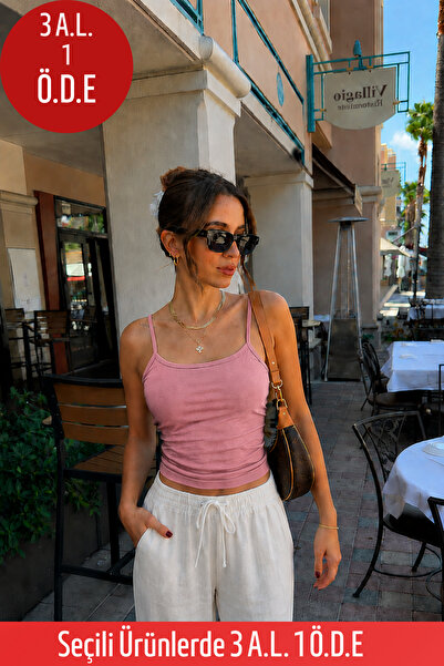 COMBİNE MİCHAİL Women's Basic Thin Strap Tight Pink Crop Blouse