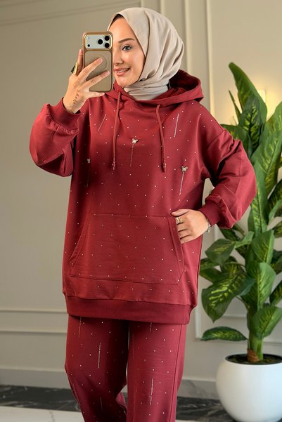 Suede Style 5540 - Stylish and Comfortable 2-Yarn Lycra Hooded Decoration Stone Detailed Hijab Women's Set