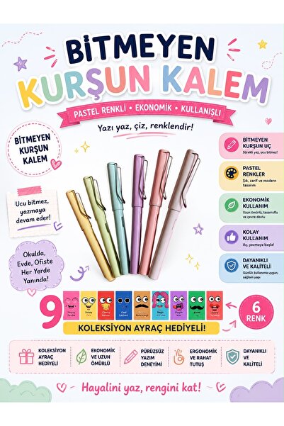 Pembe Pasaj Bitmeyen Kurşun Kalem - Pastel Renkli Sonsuz Kalem, Ekonomik Çizi...