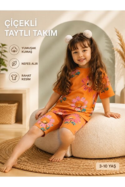 fao shop 7/24 Girls' Summer Cotton Cycling Tights Set Floral Pattern Daily Ca...