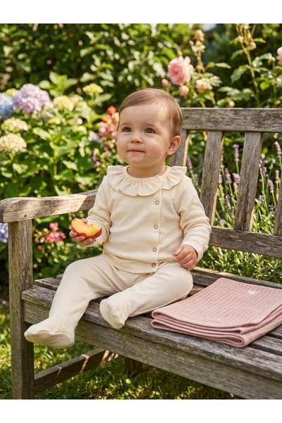 INFANT Set hăinuțe nou-născut Princess Ecru cu guler volănaș și păturică roz 12-18 Luni Bleumarin