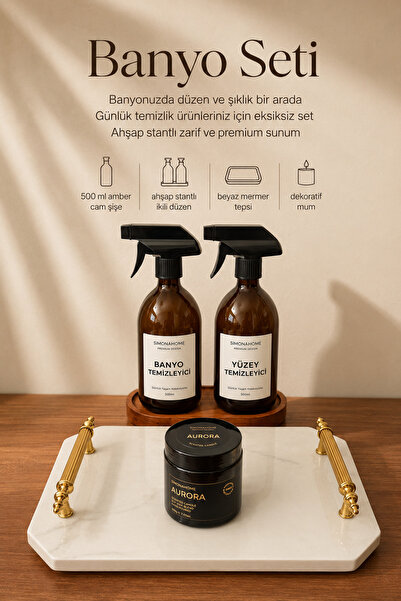 Simona Home Bathroom Set Black Marble Tray Candle Aurora “Aşka” Wooden Stand Set