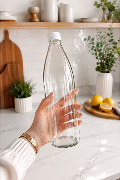 Rotanev 3 Adet Beyaz Plastik Kapaklı Cam Şişe 1 Litre Şeffaf Sürahi Süt, Ayran, Su, Limonata Meşrubat Şişesi