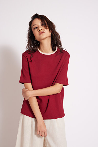 Avrile Cotton Short Sleeve Contrast Crew Neck T-Shirt Bordo