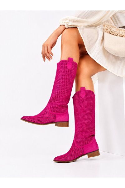 POTEEN Eliz Women's Short Heel Suede Laser Cut Perforated Summer Boots