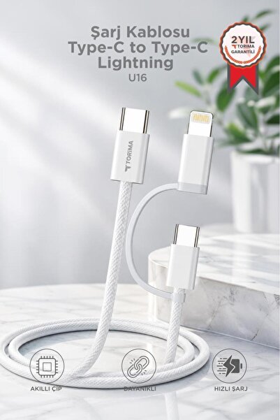 Torima Şarj Kablosu Type-C to Type-C Lightning Hızlı 65W 2IN1 Data Kablo U16 ...