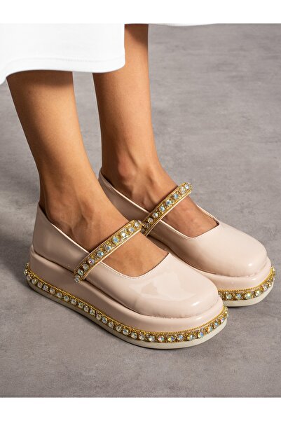Alemdar Shoes Swiz Krem Rugan Taş Detay Kadın Loafer