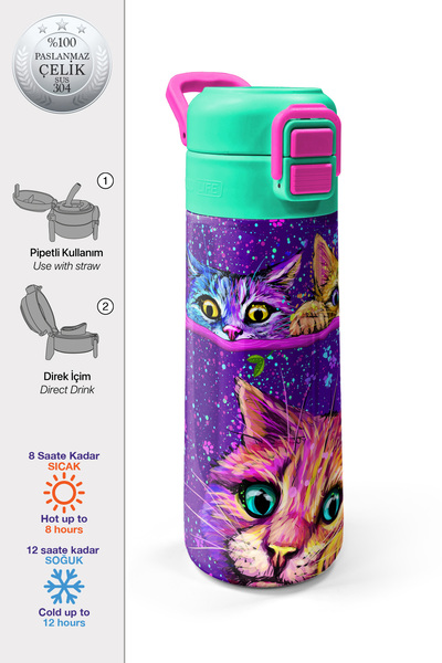 Coral High Kids Mor Pembe Kedi Desenli Pipetli ve Direkt İçim Çelik Termos 50...