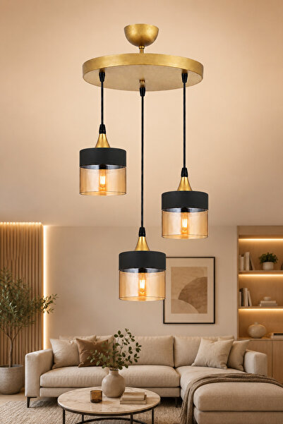 ESSLİGHT Nice 3’lü Sarkıt Eskitme Bal Camlı Modern Salon Mutfak Yatak Odası A...