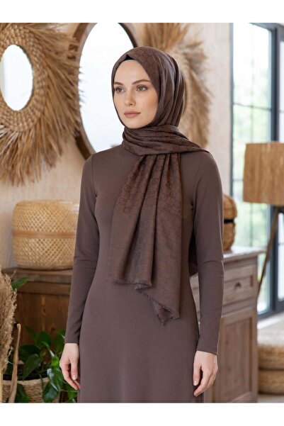 Vissona %57 İPEK %43 PAMUK Monogram Desenli Sütlükahve Renkli Şal - 70x190 Di...