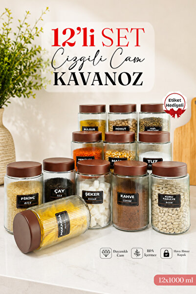 naturelove 12'li Etiketli Çizgili Cam Kavanoz Seti – Plastik Contalı Hava Alm...