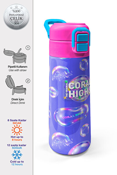 Coral High Kids Lavanta Pembe Baloncuk Desenli Pipetli ve Direkt İçim Çelik T...