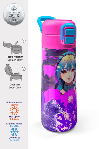 Coral High KidsMor Pembe Anime Kedi Desenli Pipetli ve Direkt İçim Çelik Term...