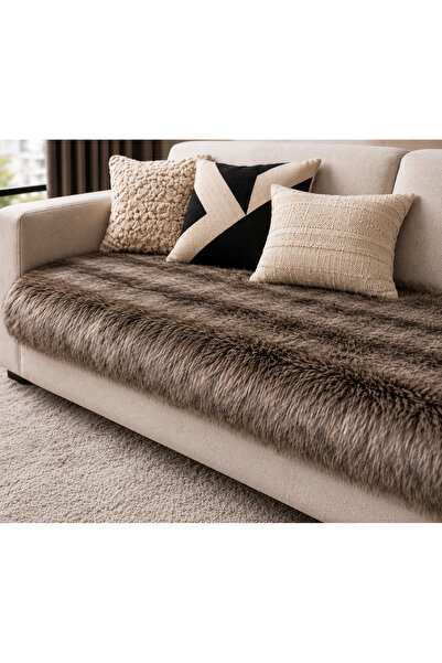MER HOME Kürk Uzun Tüylü Peluş 3kişilik Koltuk İçin(1adet) 80*190cm (Vizon) S...