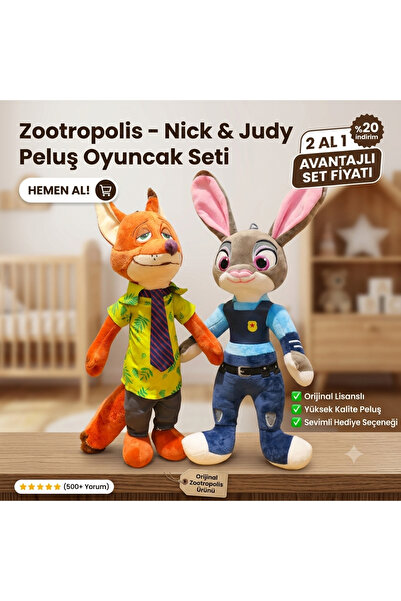 Petish Zootopia Peluş Oyuncak Nick ve Judy 2 li Set Kıyafetler Dahil