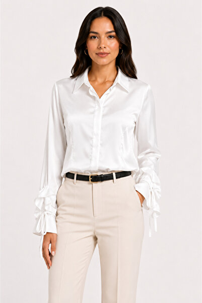 Basics&More Women's Satin Shirt Long Sleeve Lace Sleeve Stylish Blouse - White