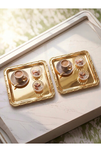 SEVA ÇELİK Gold Kare 2 Pieces Gold Patterned Tea and Coffee Presentation Tray