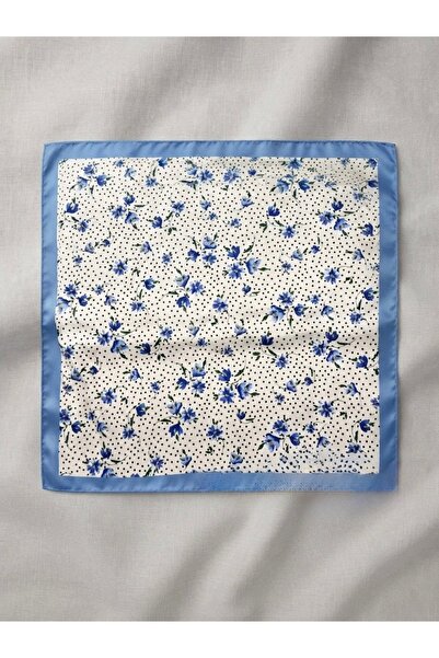 nazipek Saten Bandana Fular 50x50cm Krem Lacivert Yüksek Kalite Çiçek Desenli