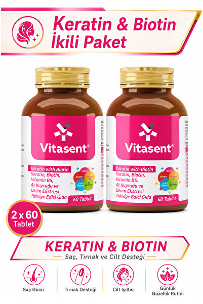 VİTASENT Keratin & Biotin İkili Paket – Saç, Tırnak ve Cilt Sağlığını Destekl...