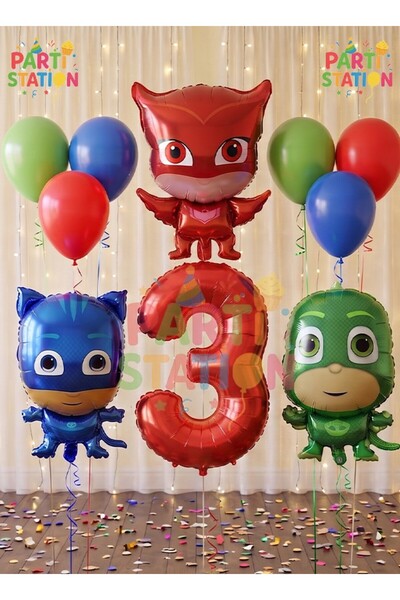 Parti Station Pijamaskeliler 3 Yaş Kırmızı Rakam Balon Set Pjmasks Konsept Ba...