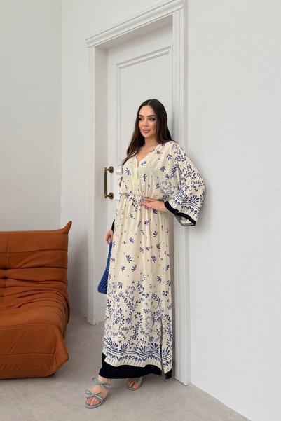 mezqa Women's Navy Blue Patterned Waist Gimped Long Slit Dress