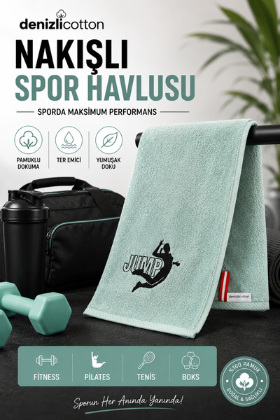 denizlicotton Embroidered Sports Towel Cotton, Anti-Bacterial, Sweat-Absorben...