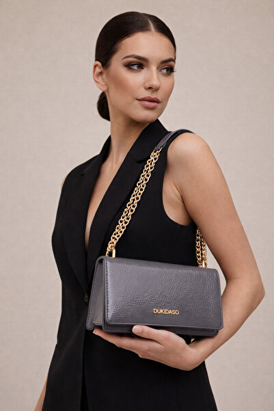 dukidasoturkiye Gray Patent Leather Chain Detail Women's Shoulder Bag |   Gra...