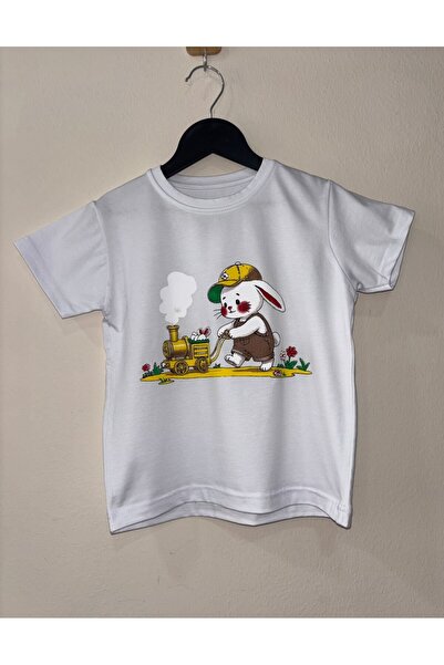 ecrin kids Çocuk Beyaz Tavşan ve Tren Baskılı Pamuklu Kısa Kollu Tişört