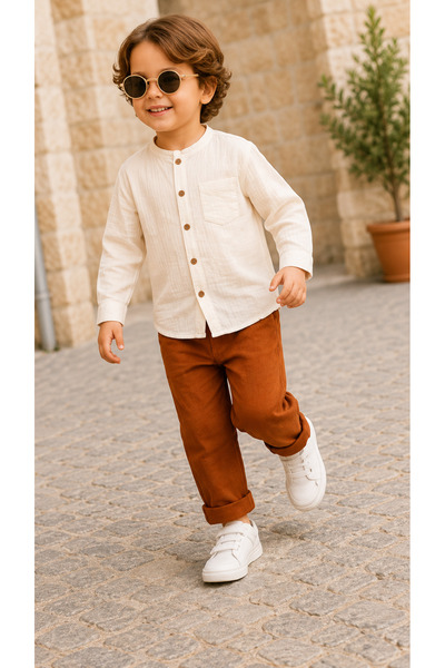 NOTA KİDS Muslin Kids Set - 100% Cotton Breathable Buttoned Beige Shirt and B...